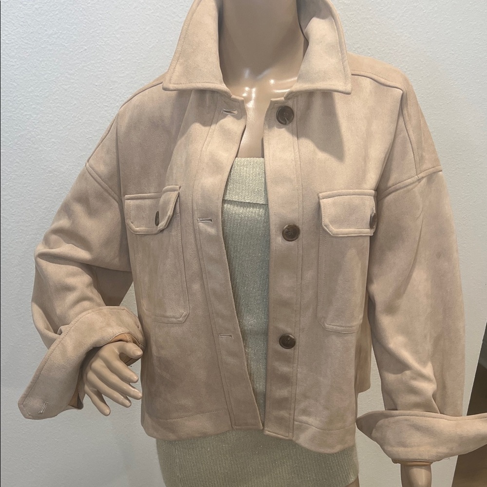 Beige Faux Suede Utility Jacket – Button Front, Oversized Fit